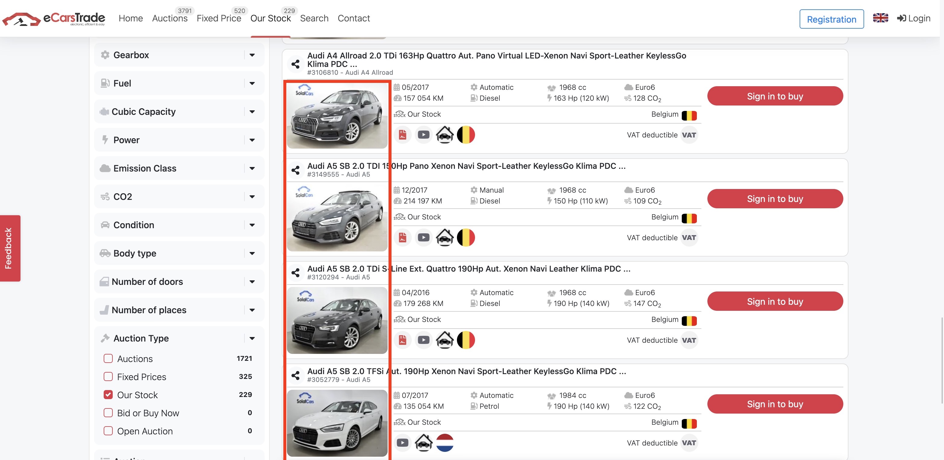 Снимак екрана еЦарсТраде са веб странице који приказује фотографије аутомобила